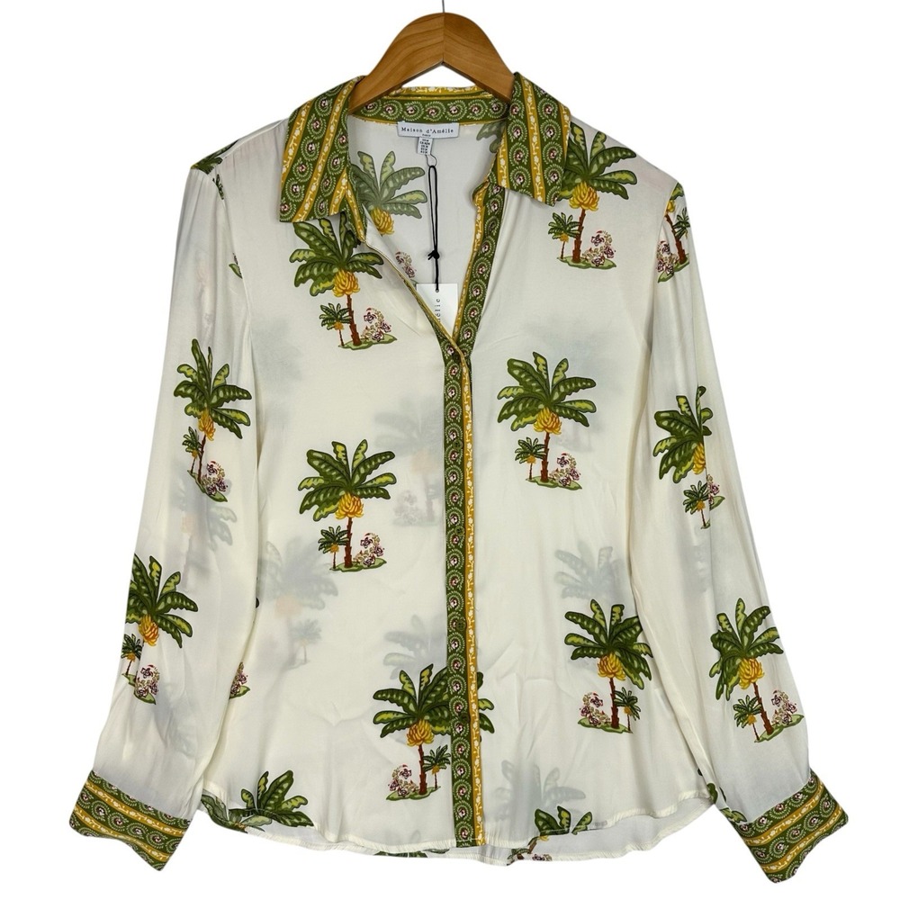 Maison d'Amelie Paris Blouse M NWT Palm Tree Tropical Resort Button Front